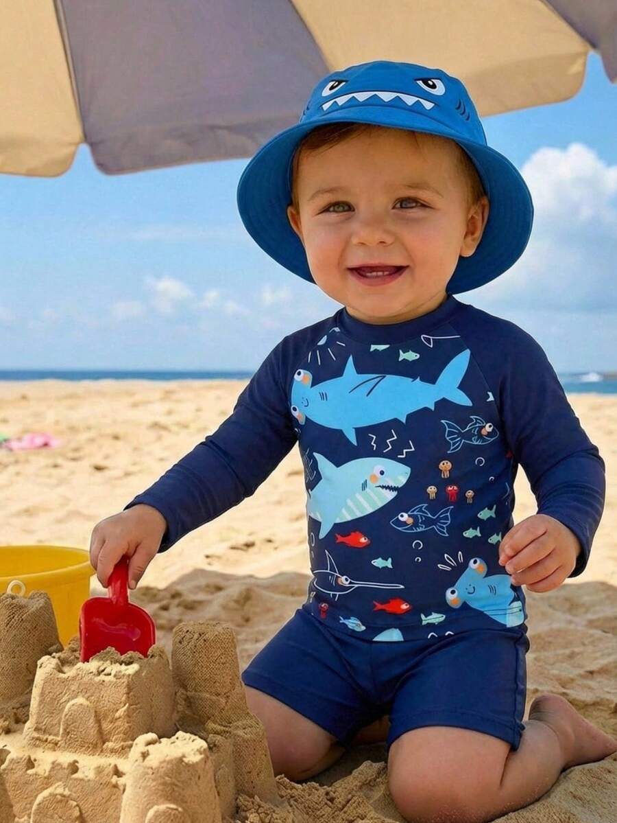 SHEIN Bubblio 2 Stücke/Set Baby Jungen süßer gestrickter elastischer Hai-Muster Farbblock Langarm Badeanzug & Badeshorts Set, geeignet für Strand, Pool, Urlaub - Verschiedenfarbig - Übersicht 1