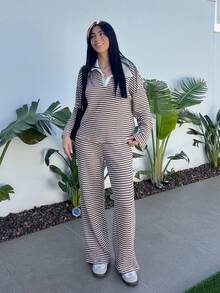 Hitanina 女士两件套宽松条纹V领落肩长袖T恤和松紧腰条纹裤，冬季毛衣套装，秋冬季 - 棕色 - 查看 5