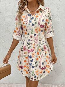 SHEIN Clasi 夏季度假女装时尚百搭通勤印花衬衫裙，夏季女装衬衫裙度假裙优雅衬衫裙女士休闲裙女士夏季连衣裙衬衫裙度假装女士度假裙女士连衣裙衬衫裙女士休闲裙 - 彩色 - 查看 6