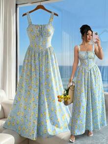 Elenzga 女士优雅无袖长款连衣裙，浅蓝色底色，饰以黄色碎花，方领设计，收腰剪裁，适合户外野餐、花园派对、城市漫步、春夏穿着。 - 彩色 - 查看 1