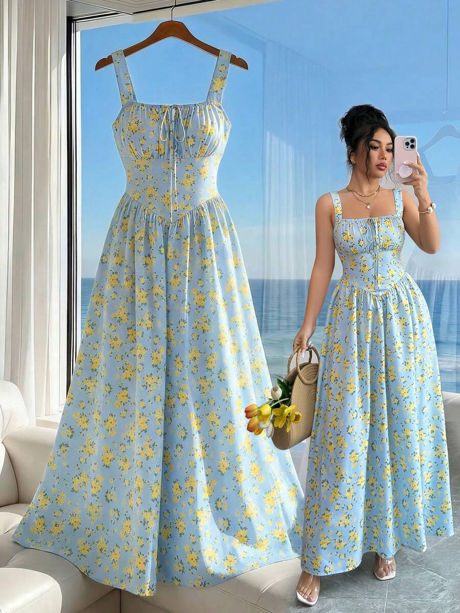 Elenzga 女士优雅无袖长款连衣裙，浅蓝色底色，饰以黄色碎花，方领设计，收腰剪裁，适合户外野餐、花园派对、城市漫步、春夏穿着。 - 彩色 - 查看 1