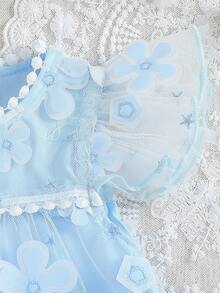Glamorique Kids 1件女婴花卉刺绣网纱荷叶边圆领无袖A字连衣裙，可爱甜美风格，适合夏季日常穿着、旅行、摄影、派对、生日等场合。 - 藍色 - 查看 4
