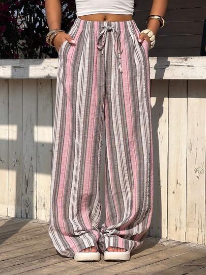 Muchica Women's Woven Striped Casual Vacation Beach Pants, Spring/Summer