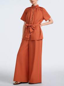 Aalyst 2 pezzi Set top a maniche corte con colletto arricciato e vita con laccio + pantaloni lunghi, adatto per appuntamenti, tè pomeridiano, laurea, pendolarismo - Arancione - Visualizzare 4