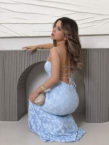 Jemour Ladies' Spring/Summer Holiday & Wedding Season Solid Color Cross Back Lace Trim Mermaid Dress Party - Baby Blue - View 3