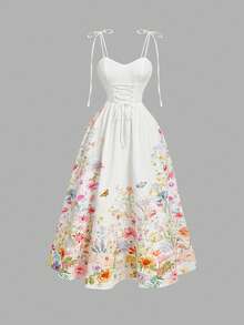 SHEIN MOD 女士花卉蝴蝶印花系带连衣裙，度假风 - 彩色 - 查看 1