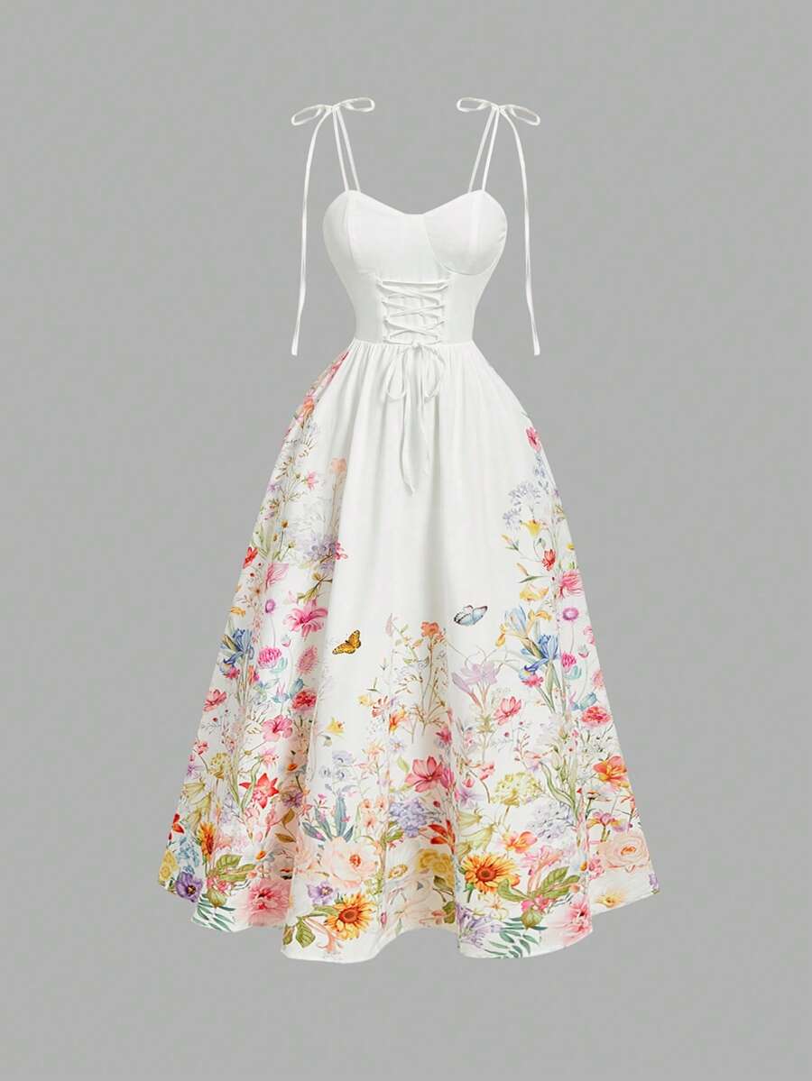 SHEIN MOD 女士花卉蝴蝶印花系带连衣裙，度假风 - 彩色 - 查看 1