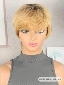 1B/27 直发短款精灵头真人发假发，带刘海，蜜金色发根，4英寸短款层次直发假发，自然逼真，适合女性日常及节日佩戴。 - OT27 - 查看 5