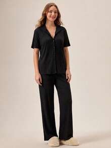 EURMUSE Women 2 Pcs Button Front Detail Short Sleeve Shirt And Long Bottoms Homewear Set - Black - View 5