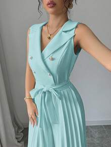 Selianne Women's Elegant Apricot Double-Breasted Design Pleated Jumpsuit, Suitable For Spring And Autumn - Blue - View 5