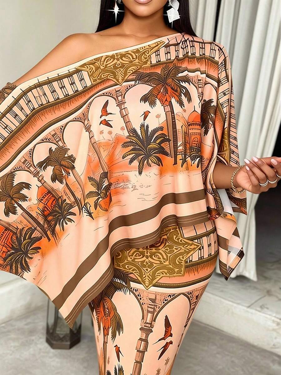 SOLERSUN 性感优雅的女士沙滩度假春夏两件套，露肩半身裙和上衣，饰有艺术印花。 - 棕色 - 查看 1