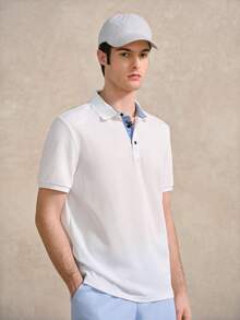 Courvante 男士条纹拼接字母刺绣 Polo 衫，短袖白色，带口袋，透气，常规版型，适合网球、高尔夫等运动，父亲节礼物，送给男友的礼物，男士服装 - 白色 - 查看 3