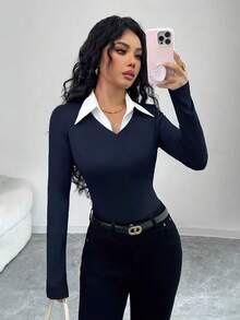 SHEIN Raffinéa V领拼接领修身弹力针织上衣女士套装商务工作服女士办公室两件套工作服女士工作服女士衬衫女士社交衬衫工作服女士商务休闲上衣办公室服装女士套装休闲商务女士套装商务休闲女士上衣女士最新套装女士衬衫女士新款优雅正式办公室连衣裙女士工作服 - 藏蓝色 - 查看 1