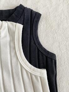 Souflis Souflis 2件套女婴/幼儿0-3岁休闲纯色镂空爱心圆领无袖短款T恤上衣，棉针织， - 彩色 - 查看 6