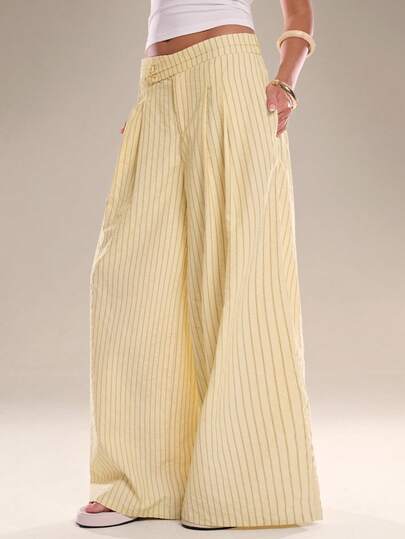 Avantive Light Yellow Striped Irregular Waist-Top Loose Pants Summer Outfits Holiday Beach Holiday Vacation Outfit For Women Casual Tropical Office Wear Country Concert Graduation Formal Attire For Women Business Professional Women Street Style Y2K Country Striped Pants Ladies Trousers Beach Outfit For Women Pants Brunch Outfits For Women 2 Piece Striped Pants Outfits For Women Pants