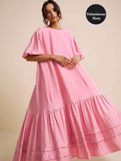 LOTSLUV 女士宽松褶皱泡泡袖圆领喇叭连衣裙，粉色，春夏款