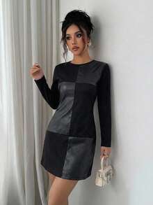 Cloudara Contrast Panel PU Leather Dress - Black - View 3