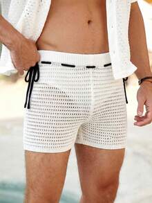 Horizaway 男士白色钩针镂空针织短裤，透明网纱沙滩罩衫，弹性抽绳腰带，撞色滚边，夏季度假情侣泳装套装，男女款配套泳裤和比基尼，情侣沙滩装，男女情侣泳装，男士沙滩套装，男士配套泳裤，男士配套泳衣，男女沙滩套装，男女情侣泳衣，女士钩针短裤，情侣配套泳装 - 白色 - 查看 4