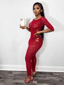 BamGleam Bộ jumpsuit hở vai gợi cảm - Màu Đỏ Sâu - Xem 6