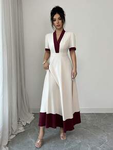 SHEIN Raffinéa Đầm nữ màu be phối nhiều mảng màu, đầm cổ chữ V phối màu kiểu Pháp thanh lịch, đầm cổ chữ V phối màu công sở thanh lịch, đầm phối màu đỏ tía thanh lịch công sở - Màu be - Xem 5