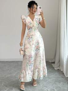 Elenzga Đầm bodycon cạp cao thêu hoa thanh lịch cho nữ, mùa xuân và mùa hè, tay lửng, dây rút - Nhiều màu - Xem 5