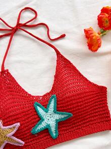 Soleia Women's Summer Vacation Beach Starfish Pattern Halter Knit Top And Skirt Set - Red - View 3