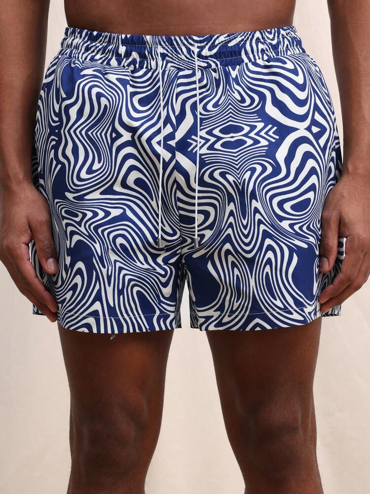 SUMWON Men's Blue Abstract Swirl Pattern Beach Shorts With Drawstring Waist Summer Vacation Swimming Trunks Quick Dry Casual Swimwear