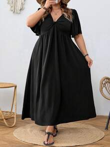 SHEIN CURVE+ Đầm dáng chữ A cổ chữ V thắt eo, cỡ US22, thích hợp cho lễ hội âm nhạc, kỳ nghỉ biển, phong cách bohemian thanh lịch, dài ngang gối, duyên dáng. - màu đen - Xem 6