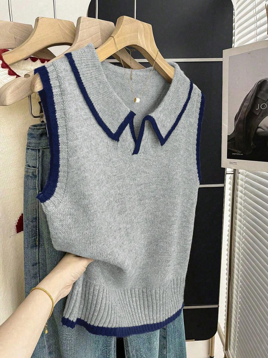 Franclia Oatmeal Knitted Vest With Navy Blue Trim,Polo Collar Half-Button Design,Sleeveless Slim Fit,Soft Ribbed Fabric,Casual Back-To-School Autumn School - Dark Grey - View 1