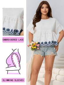 Solflare Áo kiểu dáng rộng rãi, cổ tròn, tay ngắn, kiểu dáng thường ngày, mùa xuân/hè, cạp chun dệt, phối ren thêu màu xanh navy tương phản, áo cỡ lớn màu trắng, thích hợp cho đi làm, dự tiệc, lễ hội âm nhạc, đi học, nghỉ mát, thời trang đường phố, đi chơi thường ngày, mặc được nhiều dịp, có thể mặc riêng hoặc phối lớp. - Nhiều màu - Xem 2