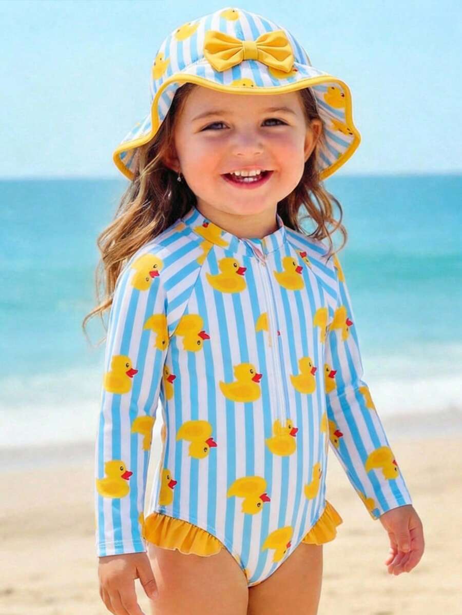 SHEIN 女婴休闲夏季可爱条纹小鸭图案长袖泳衣 - 彩色 - 查看 1