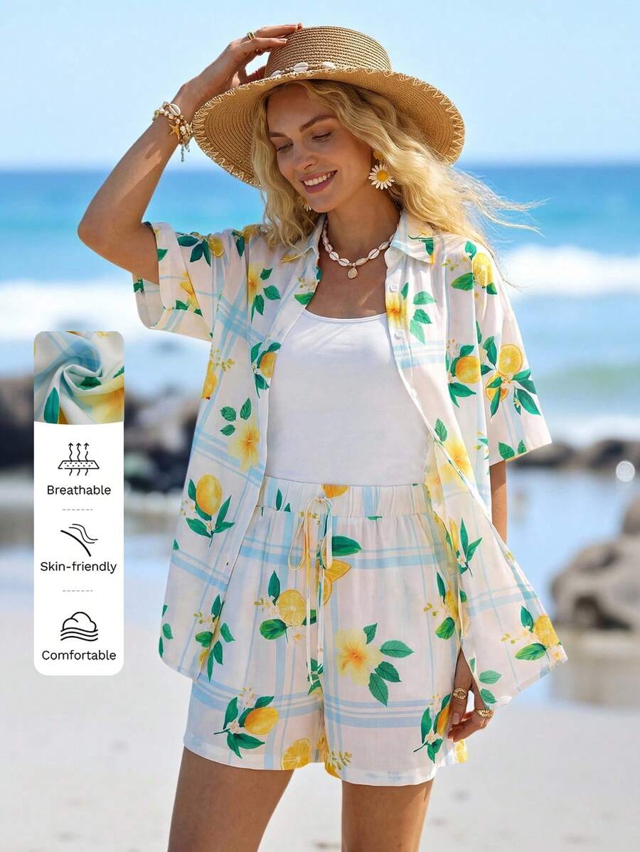 Sylviya 女士休闲水果印花衬衫两件套，适合度假 - 彩色 - 查看 1