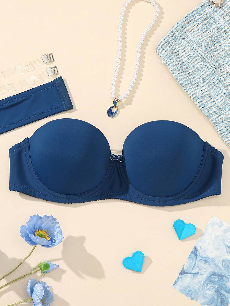 Sujetador bandeau inalámbrico de unicolor, de moda y cómodo para mujer - Azul - Ver 1