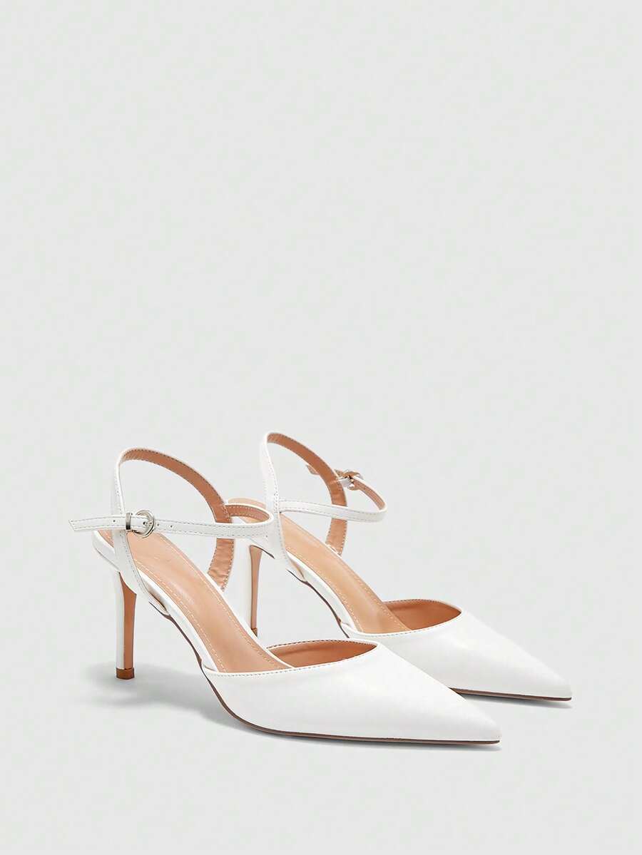 CUCCOO BIZCHIC Women's White Matte Pointed Toe Ankle Strap Stiletto Heels, Elegant Professional Commuting Shoes - White - View 1