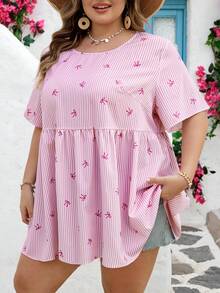 SHEIN CURVE+ Curve 尺码 US22 音乐节、海滨度假、波西米亚风女士蝴蝶结条纹圆领短袖印花休闲上衣，适合日常穿着，波西米亚风格/波西米亚风，假日、度假、夏季海滩、婚礼宾客、休闲夏季衬衫 - 粉色 - 查看 7