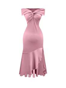 NostaNoir 女士性感优雅扭结露肩紧身连衣裙 - 粉色 - 查看 3