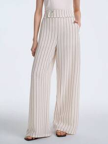 Aalyst Women Chic Black And White Striped Straight Leg Pants,Summer Vacation Holiday Casual Elegant Shell Button Waist Fitted Trousers With Pockets,Apricot - Apricot - View 7