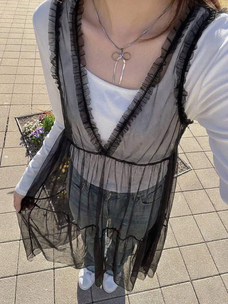 FRIFUL Women's Sleeveless Mesh Patchwork Frill Trim Dress - Black - View 1