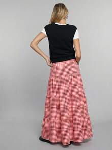 Easelle Women's Red Plaid Print High Waist Ruffle Hem Skirt, Spring/Summer - Red - View 2