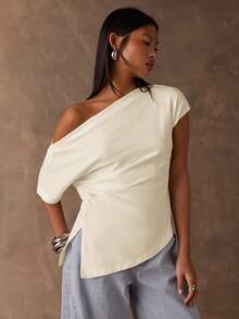 SHEIN BAE 女士纯色不对称下摆褶皱不对称肩部T恤 - 杏色 - 查看 7