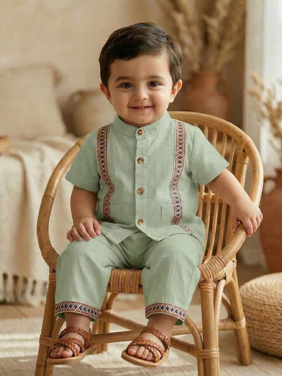 男婴波西米亚风织带短袖立领衬衫及配套长裤套装，适合居家、外出、度假、派对等场合。 - 綠色 - 查看 1