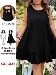 SHEIN CURVE+ Curve 尺码 US22 音乐节、海滨度假、波西米亚风女士露背圆领纯色荷叶边下摆无袖复古夏季休闲连衣裙，黑色 - 黑色 - 查看 8
