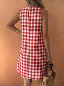 Selianne 女士夏季休闲沙滩度假通勤格子印花无袖宽松连衣裙 - 杏色 - 查看 2