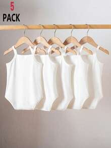 SHEIN Playful Pals 5pcs/Set Baby Girl Infant Toddler 0-3Y Casual All-Match Versatile Solid Color Ribbed Knit Romper Bodysuit Set - White - View 2