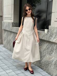 Firerie Kids 少女撞色蝴蝶结腰带连衣裙，休闲优雅时尚百搭，适合日常穿着，也适合参加典礼、派对等各种场合，新款女童连衣裙 - 杏色 - 查看 6