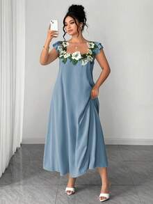 Elenzga 大码女士优雅方领长裙，花卉蕾丝拼接优雅绿色长款连衣裙，双层复古针织连衣裙，A字收腰修身梭织连衣裙，适合毕业典礼、节日、情人节、音乐节、母亲节、万圣节、感恩节、复活节、国庆节、晚会、约会、派对、婚礼、郊游等场合。女士夏季连衣裙，女士休闲连衣裙，花卉刺绣吊带裙，女士连衣裙，优雅经典女士花卉刺绣连衣裙，女士连衣裙，最新款连衣裙。 - 霧霾藍 - 查看 4