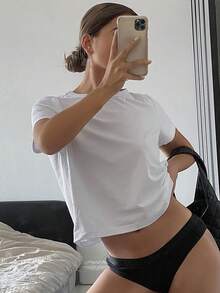 Dazy Tall 高个女款加长袖圆领休闲套头T恤短款上衣 - 白色 - 查看 2