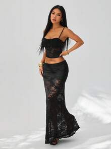 SHEIN PETITE Sexy Solid Black Sheer Lace Camisole Top & Low-Waisted Skirt Two Pieces Set For Spring/Summer, Elegant Skirt, Party Dress, Wedding Guest Attire, Brunch Dress, Spring/Summer Black Lace Skirt. - Black - View 7