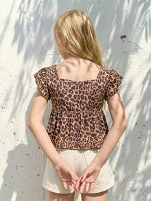 SHEIN Girls' Blue Cap Sleeve Shirt, Fashionable Summer Tops, Soft & Stylish Design, Versatile For Vacation, Travel, Campus And Daily Wear - Multicolor - View 3