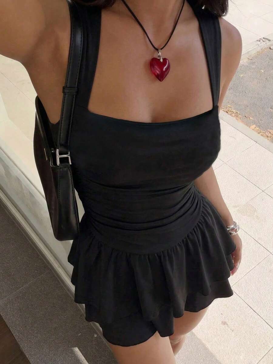 FavEase Đầm ngắn màu đen cổ vuông xếp ly, kiểu dáng thường ngày - màu đen - Xem 1